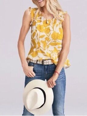 CAbi Sunrise Yellow Floral Peplum Blouse w/Flutter Sleeve Size Small